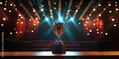  trophy on the stage, with an awards ceremony in the background, a minimalist technology stage, real,