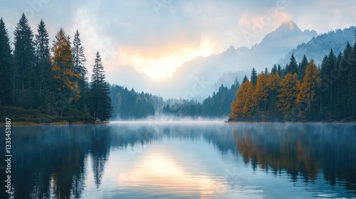 Autumn Sunrise over Misty Alpine Lake