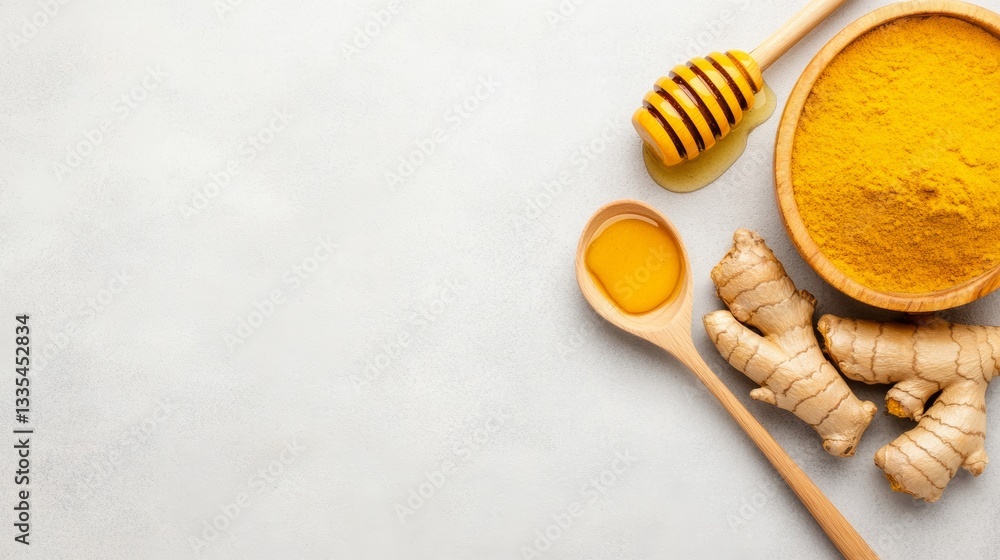Fototapeta premium Healthy Food Arrangement with Honey and Turmeric on a Neutral Background