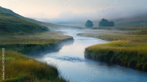 Misty mountain river flowing through grassy valley at dawn.  Possible use Nature wallpaper, desktop background