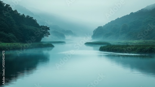 Misty River Valley; Calm River, Foggy Mountains, Lush Forest