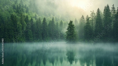 Fototapeta Naklejka Na Ścianę i Meble -  Misty morning lake in green forest