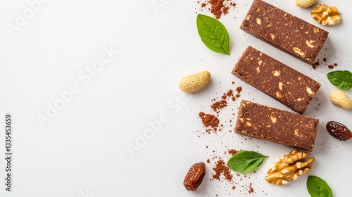Stylish Flat Lay of Vegan Protein Bars with Nuts and Greens