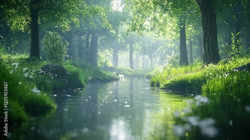 Misty forest stream path sunlight