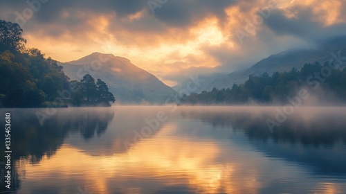 Misty Sunrise Over Mountain Lake Reflections (1)