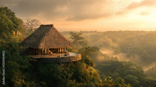 Fototapeta Naklejka Na Ścianę i Meble -  Panoramic sunrise view of thatched-roof luxury lodge perched on cliff overlooking misty jungle valley