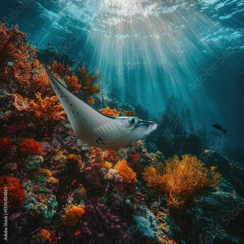 Underwater stingray, coral reef, sunlight beams, vibrant marine life