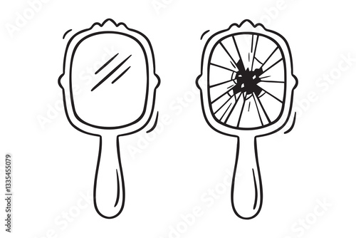 mirror, broken mirror with handle doodle hand drawn icon. Outline drawing mirror line clipart symbol