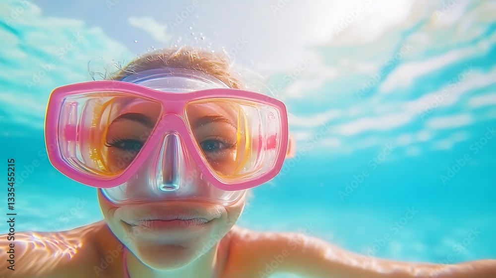 Naklejka premium Underwater girl smiling in pink snorkeling mask.