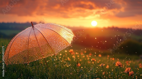 Transparent umbrella in a meadow at sunset, rain drops, beautiful scenery