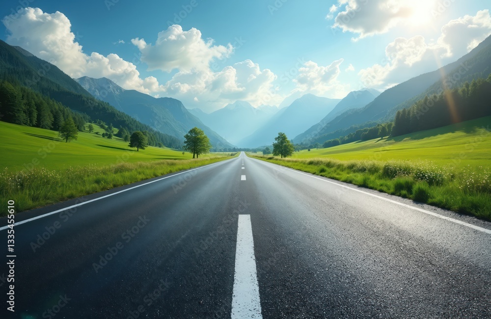 Fototapeta premium Perspective view of asphalt road through green valley. Path leads to distant mountains under bright sky with clouds. Perfect for themes travel, freedom, escape, exploration, adventure or transport.