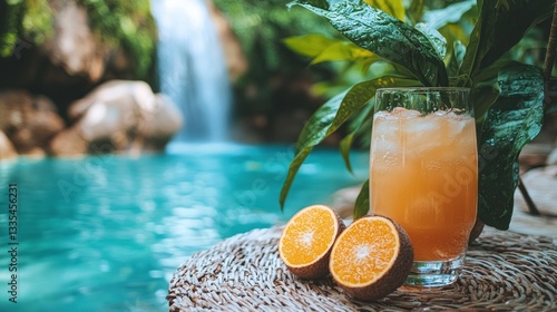 Tropical drink by waterfall poolside