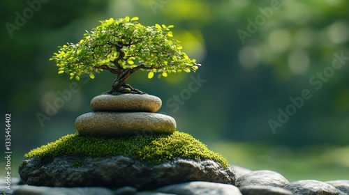 Zen garden bonsai on stacked stones, lush green background