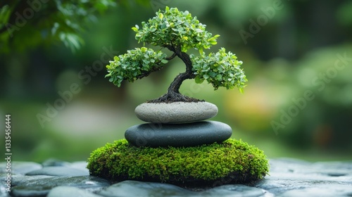 Zen garden bonsai on mossy stones, peaceful natural background