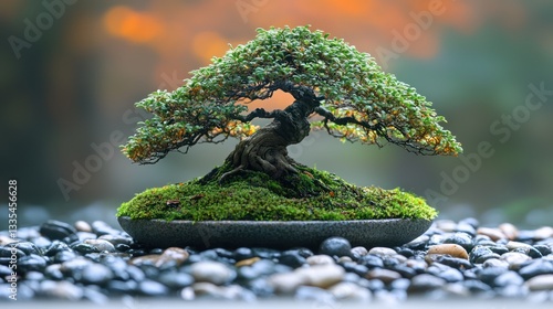 Zen bonsai in garden setting, autumnal background