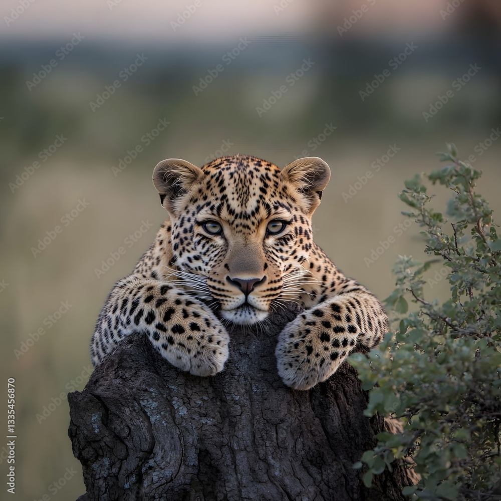 Obraz premium Leopard resting on log, savanna sunset, wildlife documentary