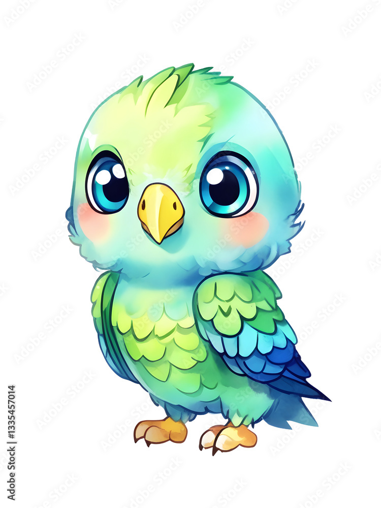 Obraz premium Kawaii Chibi Bird Parrot Blue Green Teal Adorable Watercolor Illustration Isolated PNG Character