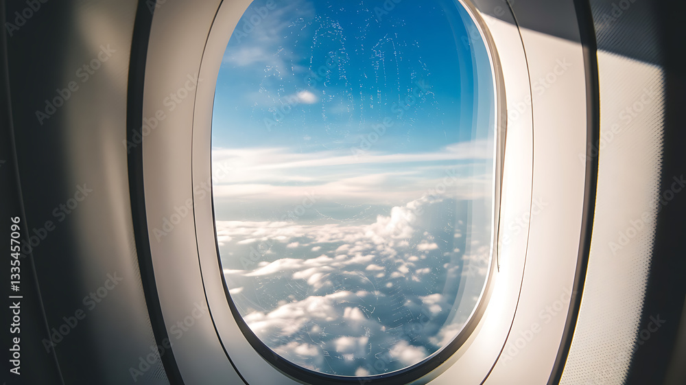 Obraz premium High-altitude view from an airplane window Clouds blue sky and airplane interior