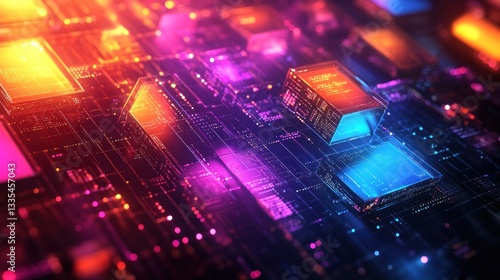 Futuristic circuit board with glowing blocks