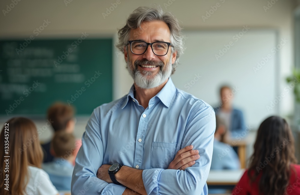Fototapeta premium Confident mature male teacher with beard, glasses stands in classroom. Students in background. Educator smiles, arms crossed. Experienced pro mentors, guides students. Learning environment fosters