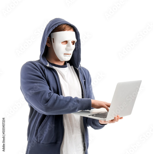 Hacker in mask using laptop...