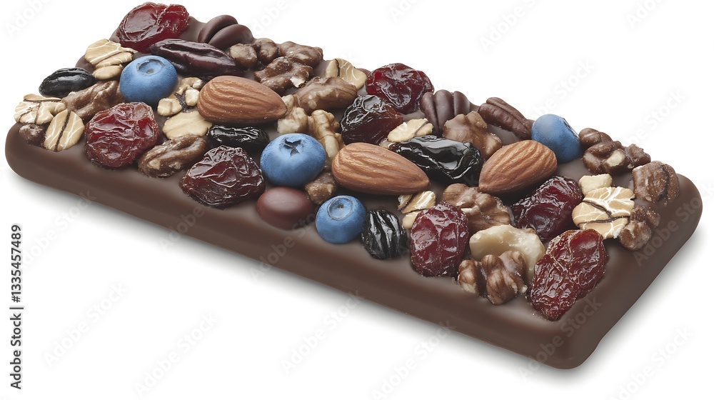 Obraz premium Dark chocolate bar with nuts, dried fruit, and berries.