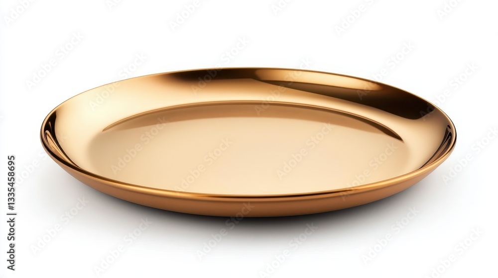 Elegant shiny gold plate on white background reflects light beautifully Elegant shiny gold plate on white background reflects light beautifully
