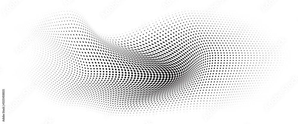 Flowing Wave Dot Halftone Pattern: Curve Gradient Shape on Transparent Background. Suitable for AI, Tech, Network, Digital, Science, and Technology Themes.