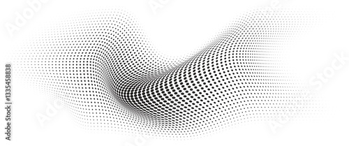 Flowing Wave Dot Halftone Pattern: Curve Gradient Shape on Transparent Background. Suitable for AI, Tech, Network, Digital, Science, and Technology Themes.