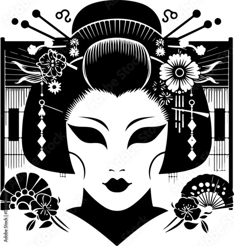 vector sketch illustration silhouette design detail beautiful woman geisha ethnic traditional classic vintage japan 