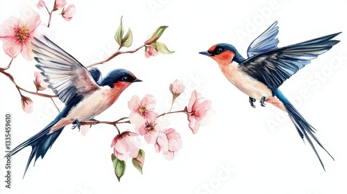 Fototapeta Naklejka Na Ścianę i Meble -  Two swallows in flight with cherry blossoms, watercolor style