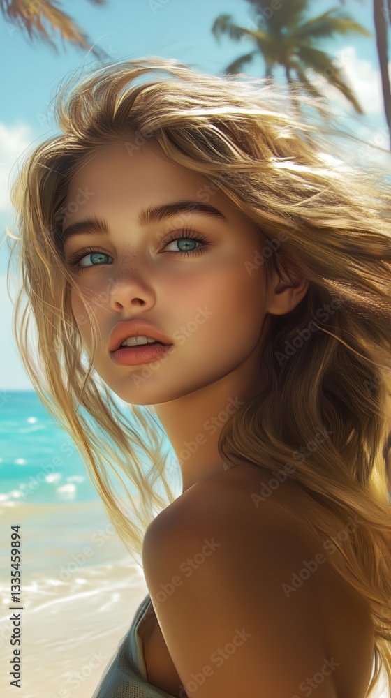 Golden-haired girl gazes in awe at the breathtaking ocean on a sunlit beach with gentle waves and swaying palm trees Golden-haired girl gazes in awe at the breathtaking ocean on a sunlit beach with gentle waves and swaying palm trees