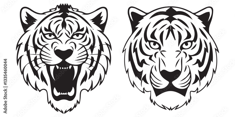 Obraz premium Set of Black and White Tiger Head Illustrations Tiger Head Design