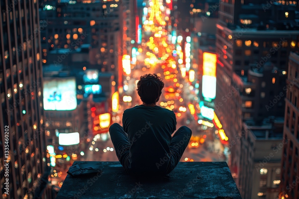 Solo Traveler Taking a Self-Timer Shot from a Rooftop in a Bustling City A traveler sits on the edge of a rooftop, watching the city lights come to life Solo Traveler Taking a Self-Timer Shot from a Rooftop in a Bustling City A traveler sits on the edge of a rooftop, watching the city lights come to life