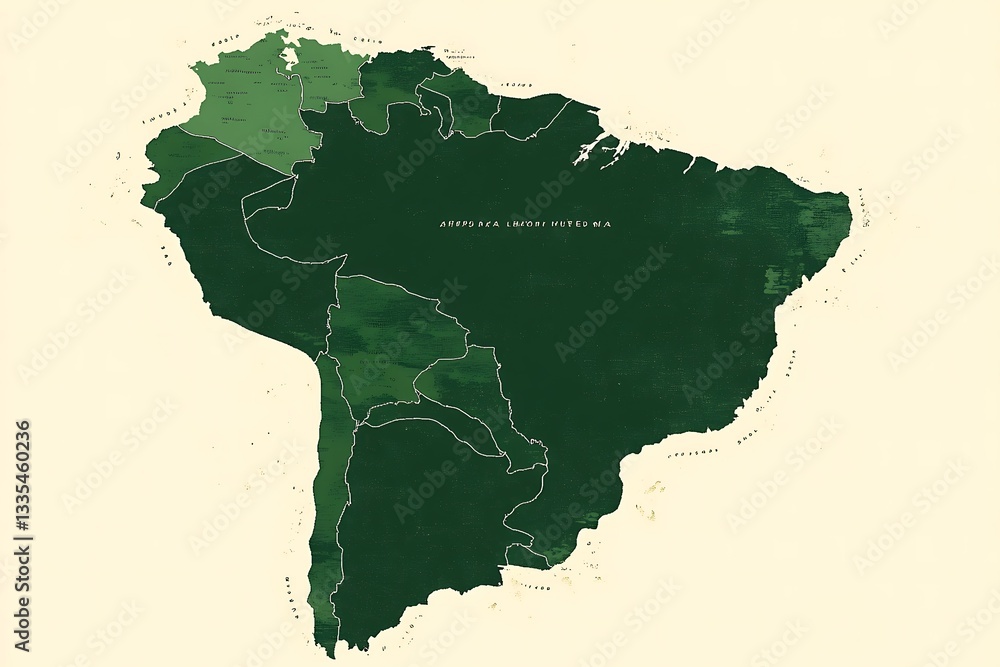 Fototapeta premium A map of Brazil with the Brazilian rainforest highlighted in green, highlighting its vastness and importance for global environmental health.