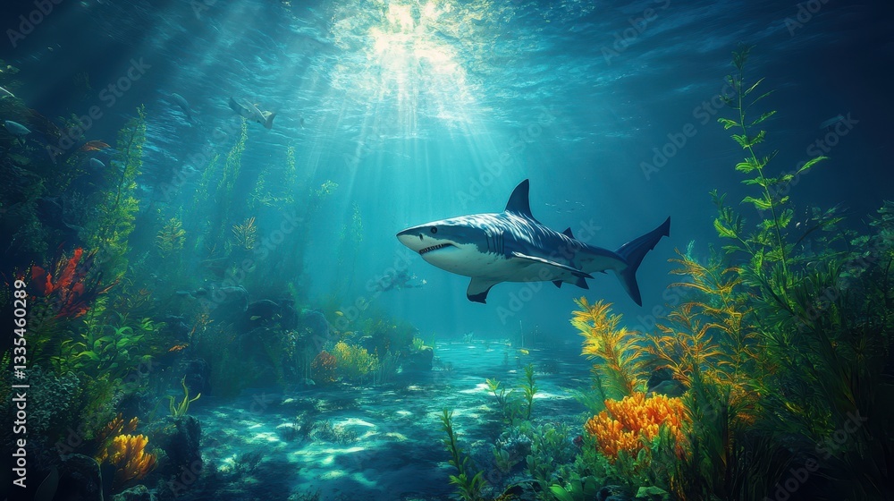 Fototapeta premium Majestic shark swimming in vibrant underwater coral reef with sunlight rays