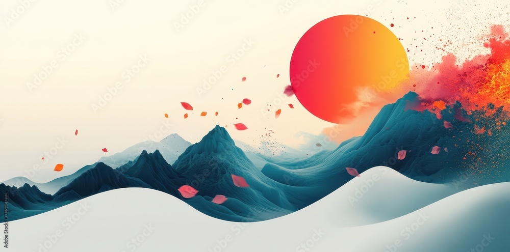 Obraz premium An abstract illustration of mountains with a setting sun and petals