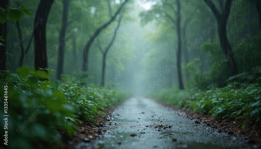 Fototapeta premium Rainy scenery with path through green forest. Summer rain wets the trees, grass and the ground, droplets are falling. Wet leaves, blurred background and dark trunks after rain shower.
