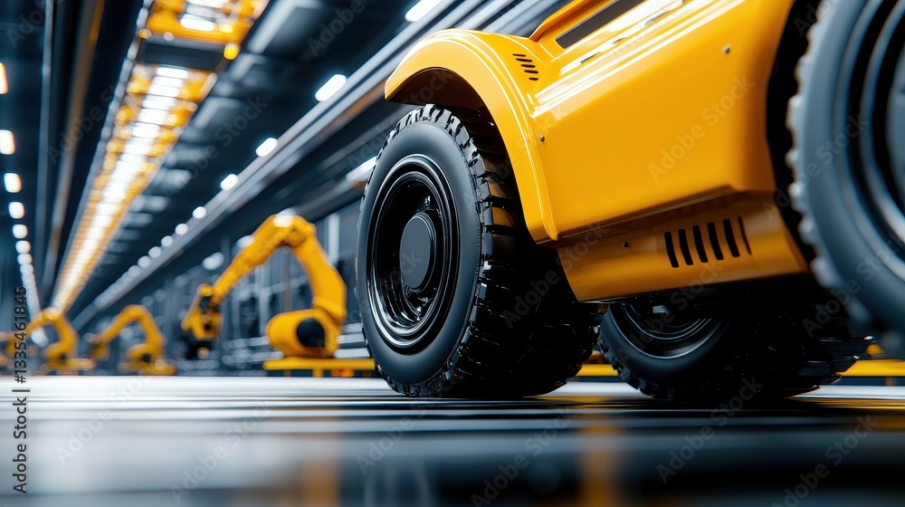 Yellow Robot on Assembly Line in Modern Factory Yellow Robot on Assembly Line in Modern Factory