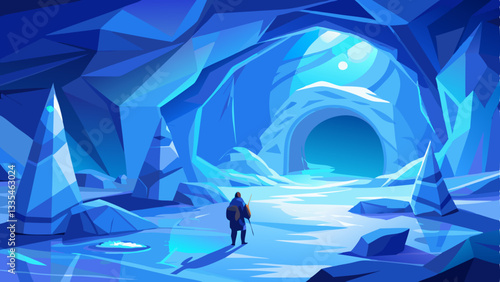 vector of remote Arctic ice cave with walls of translucent blue, shimmering under soft ambient light, and an explorer standing at the entrance.