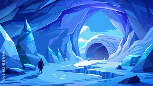  vector of remote Arctic ice cave with walls of translucent blue, shimmering under soft ambient light, and an explorer standing at the entrance.