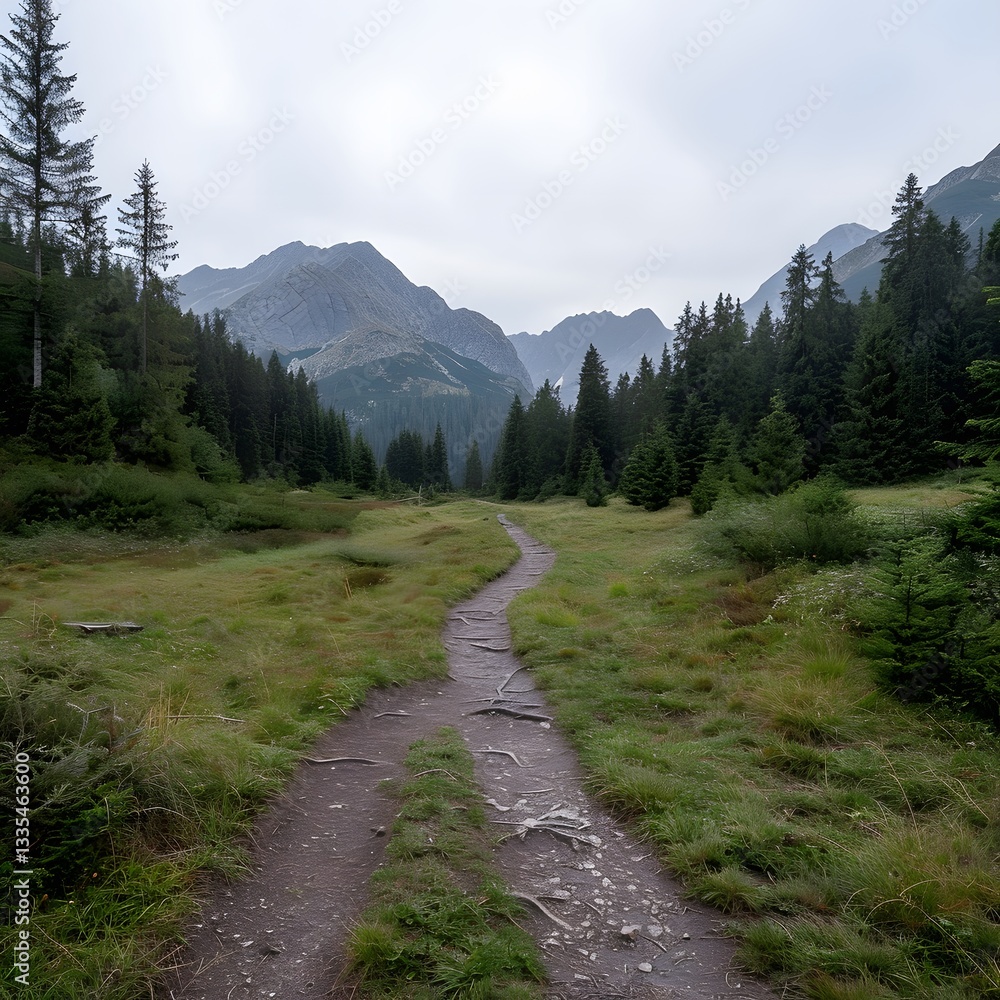 Mountain trail winding through misty valley meadow Mountain trail winding through misty valley meadow