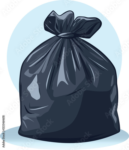 Illustration of a tied black garbage bag on a blue background. A black plastic bag with a white string tied around it. shadow, circle and bag on separate layers.