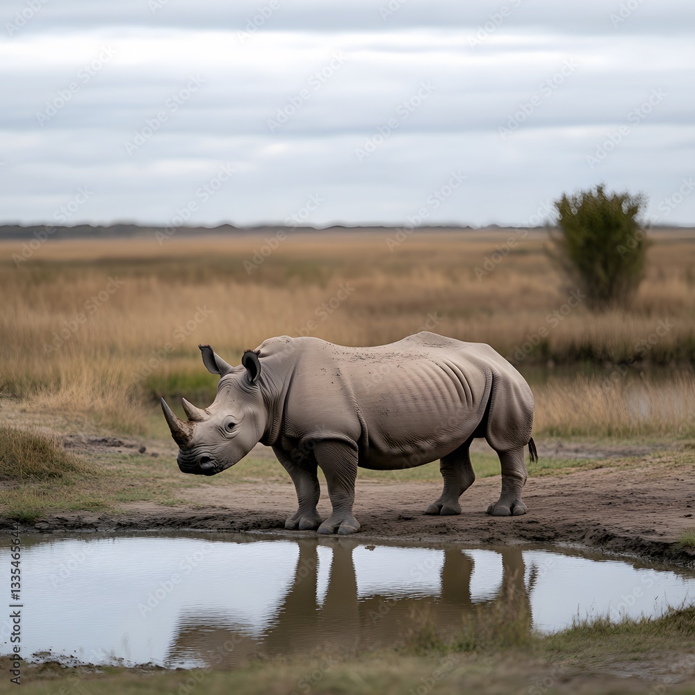 Fototapeta premium Rhino drinking waterhole savanna grassland Africa wildlife conservation