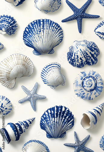 Nautical blue and white seashells, starfish scattered across pristine surface, evoking serene coastal aesthetic for summer design inspiration