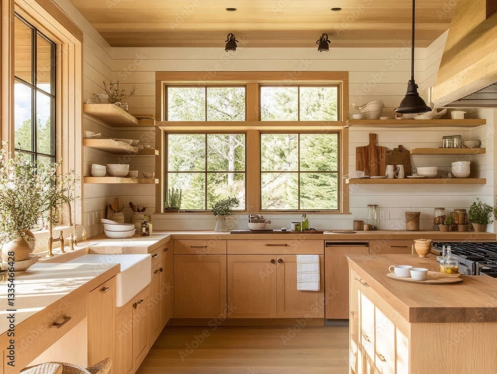 Fototapeta premium A light filled wooden kitchen with open shelving and a window