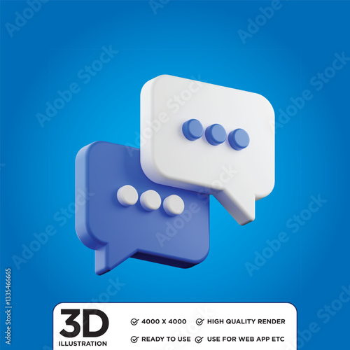 3D chat icon on blue backgroundTwo 3D-rendered speech bubble or comment symbols on a blue gradient background. symbol, icon, sign, button, speech, template, message, chat, talk, 3d, blank, vector, clo