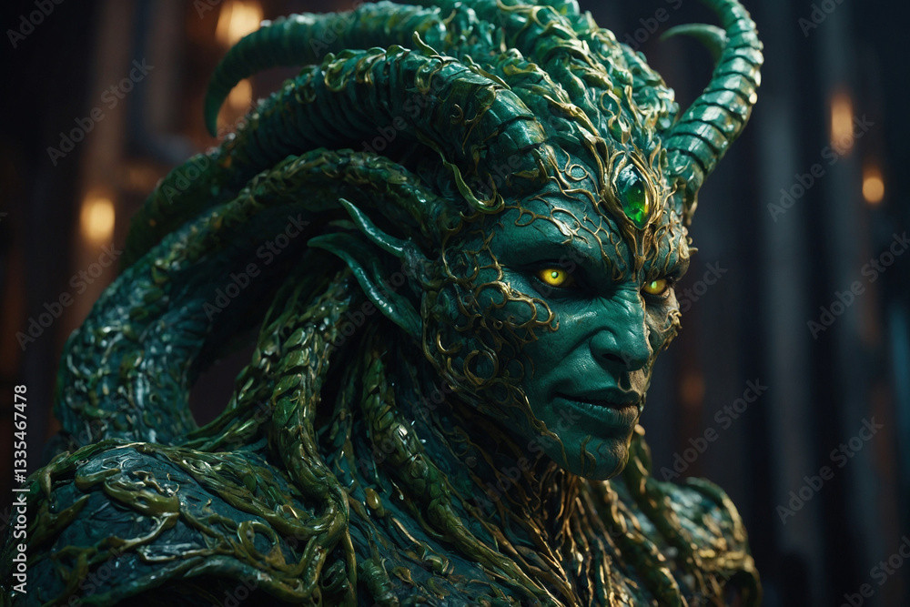 Fototapeta premium Emerald Horned Gorgon: A Detailed Serpentine Humanoid in Vibrant Green.