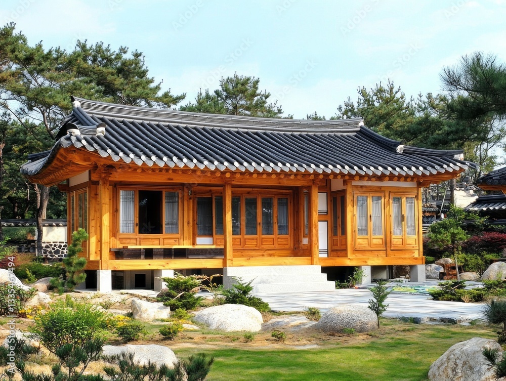 A Traditional Wooden House with Tiled Roof in a Garden Setting A Traditional Wooden House with Tiled Roof in a Garden Setting