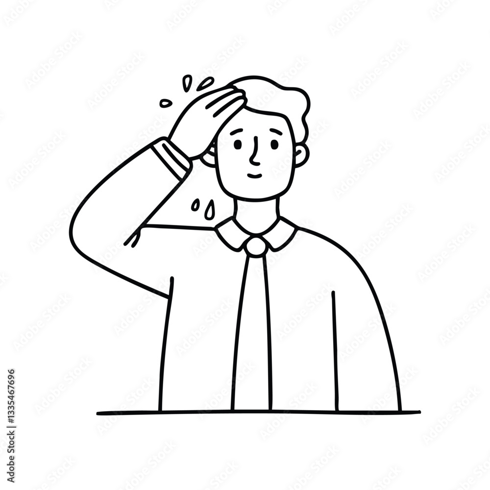 Nervous person wiping sweat from their forehead before speaking Nervous person wiping sweat from their forehead before speaking